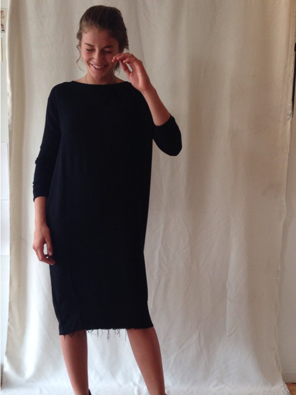 Black Crane Slim Dress Wool Blend Midi Sz XS Raw Hem Lightweight Minimalist